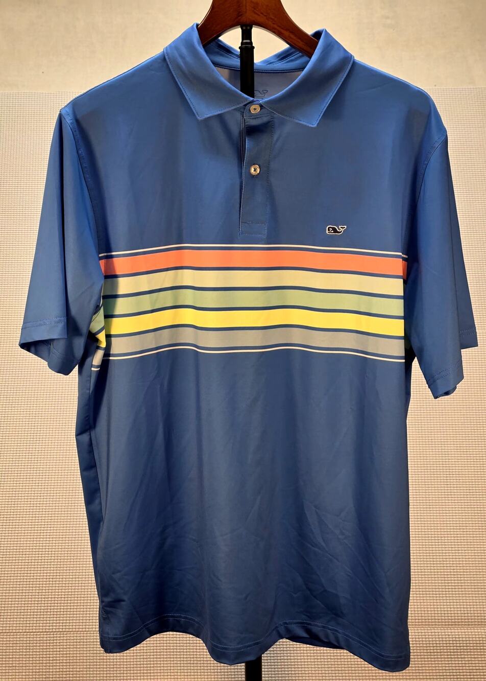 Vinyard‎ Vines Men's Medium Performance Polo Shirt Blue Multi Stripe Whale Logo